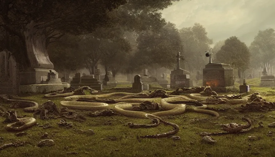 Image similar to huge snake squeezing a dead body inside the grave, by caspar david friedrich by james gilleard and justin gerard, artstation, smooth, sharp focus, by jean baptiste, octane render