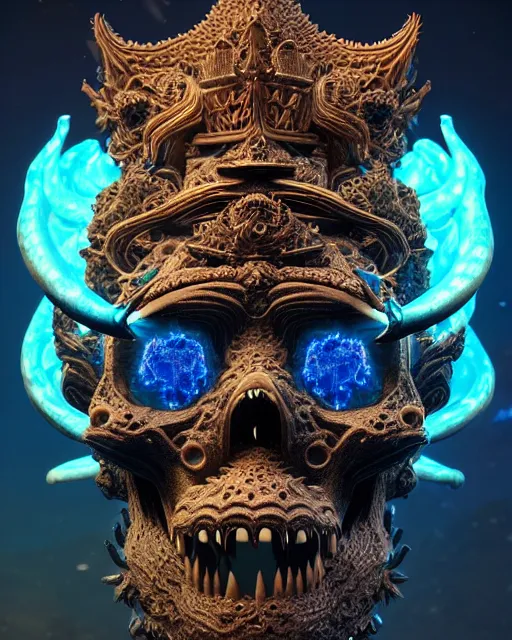 Image similar to 3 d ornate carved dark cosmic king with profile portrait, sigma 5 0 0 mm f / 5. beautiful intricate highly detailed quetzalcoatl skull. bioluminescent, plasma, lava, ice, water, wind, creature, thunderstorm! artwork by tooth wu and wlop and beeple and greg rutkowski, 8 k trending on artstation