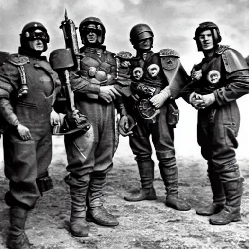 Prompt: classic world war 2 photo of a single warhammer 4 0 k space marine taking a promo picture with allied military, rosenthal, baltermants, kerlee, vaccaro