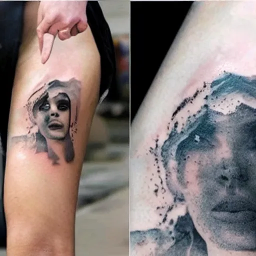 Image similar to realistic tattoo sketch of megan fox face double exposure effect with a mountain scenery, in the style of matteo pasqualin, amazing detail, sharp