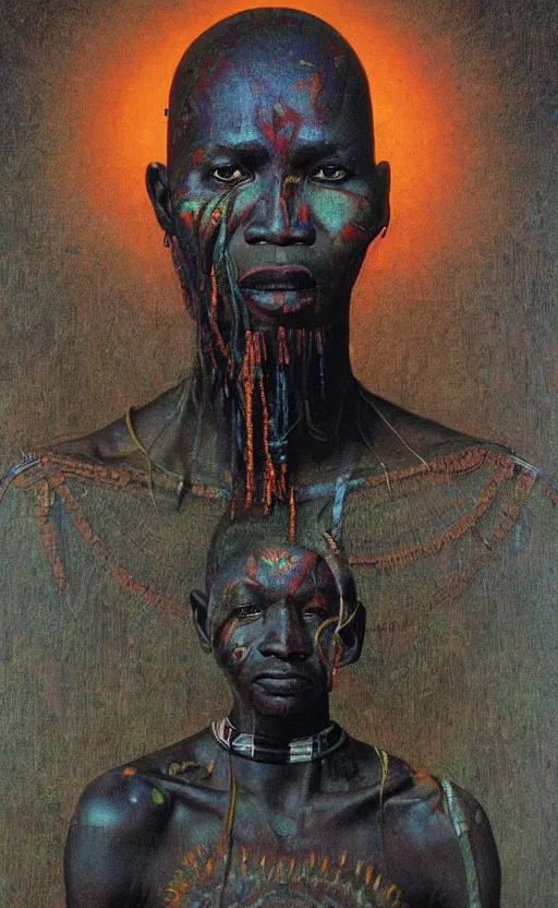 Image similar to portrait of african tribal chief, symmetrical, dramatic lighting, colourful, art by zdzislaw beksinski,