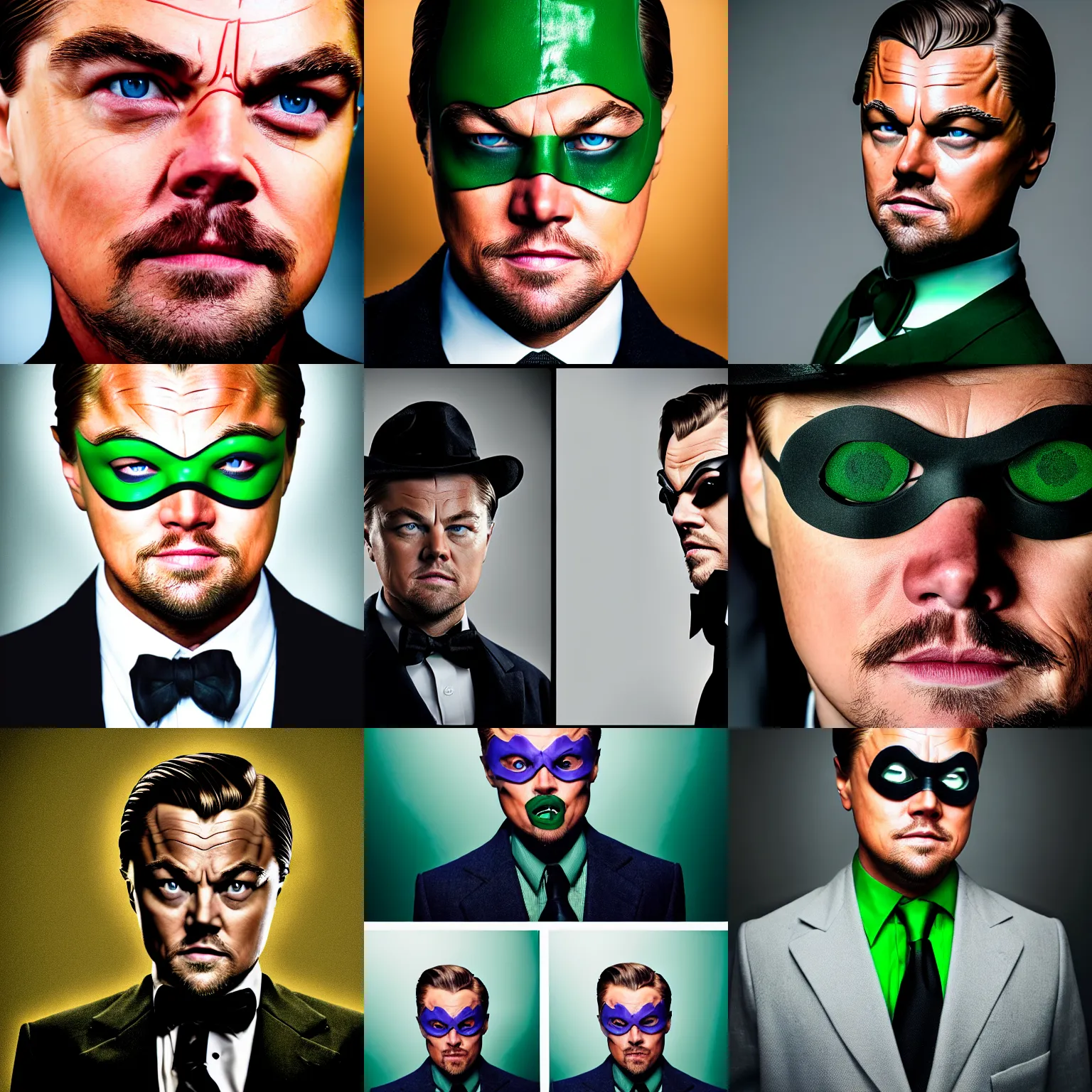 Prompt: dslr photography of leonardo dicaprio as the riddler from batman, head and shoulders photography, cinematic, studio portrait