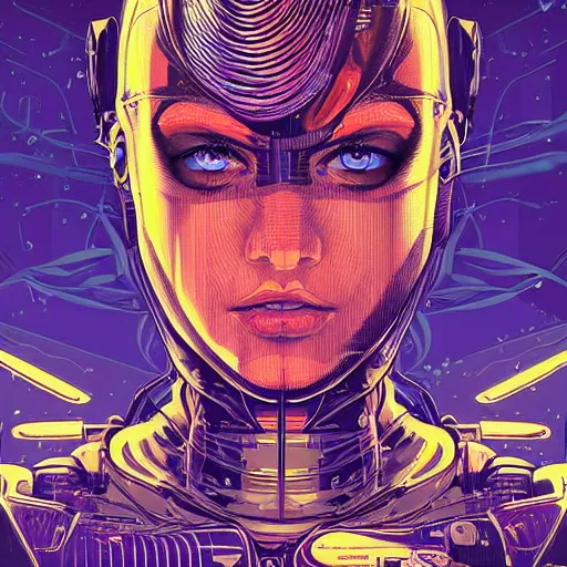 Prompt: a lithograph of a female android, by Dan Mumford and Sandra Chevrier, HDR