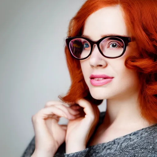 Prompt: glamour portrait of a gorgeous redheaded woman with glasses, warm studio lighting