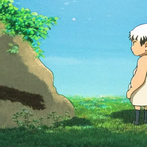 Prompt: kind guy and small friendly creature looking at each other, made by Studio Ghibli detailed art, beautiful scene, , sharp focus, smooth,