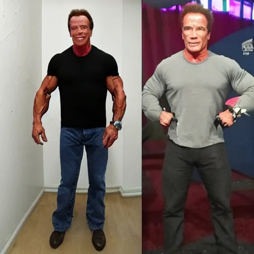 Prompt: Arnold Schwarzenegger looking tall and skinny