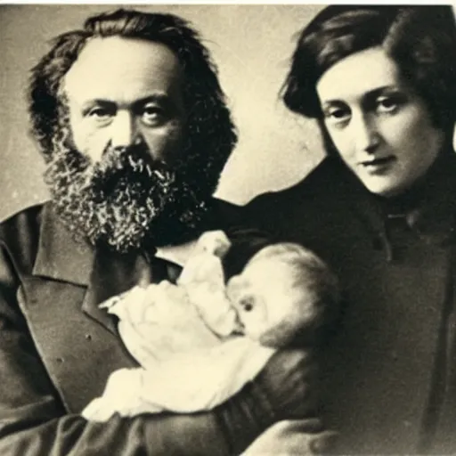 Prompt: Karl Marx and Ayn Rand holding baby, photo, 1920, hospital backround