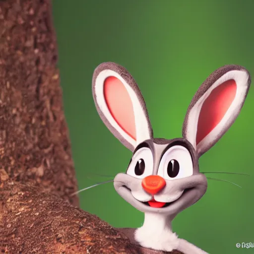 Image similar to A full portrait photo of real-life bugs bunny, f/22, 35mm, 2700K, lighting.