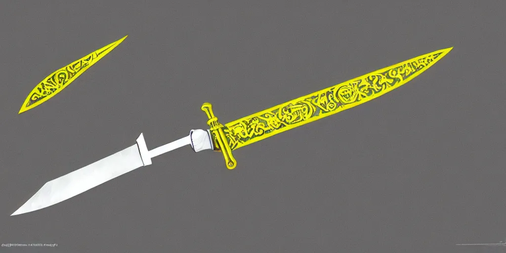 Image similar to silver sword with its blade covered in glowing yellow sigils, realistic, high quality, artstation, concept art