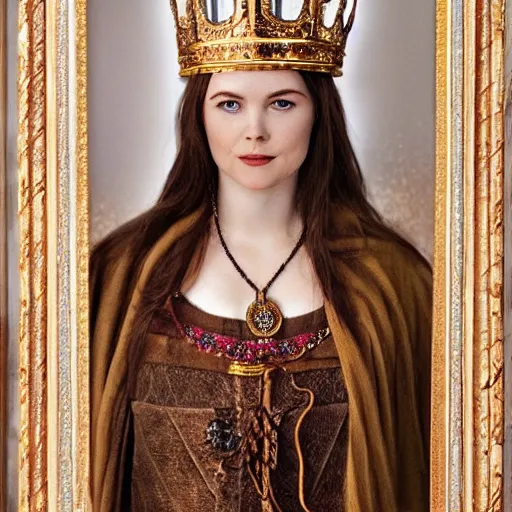 Image similar to photo of a real! beautiful nordic queen with ornate crown and cloak