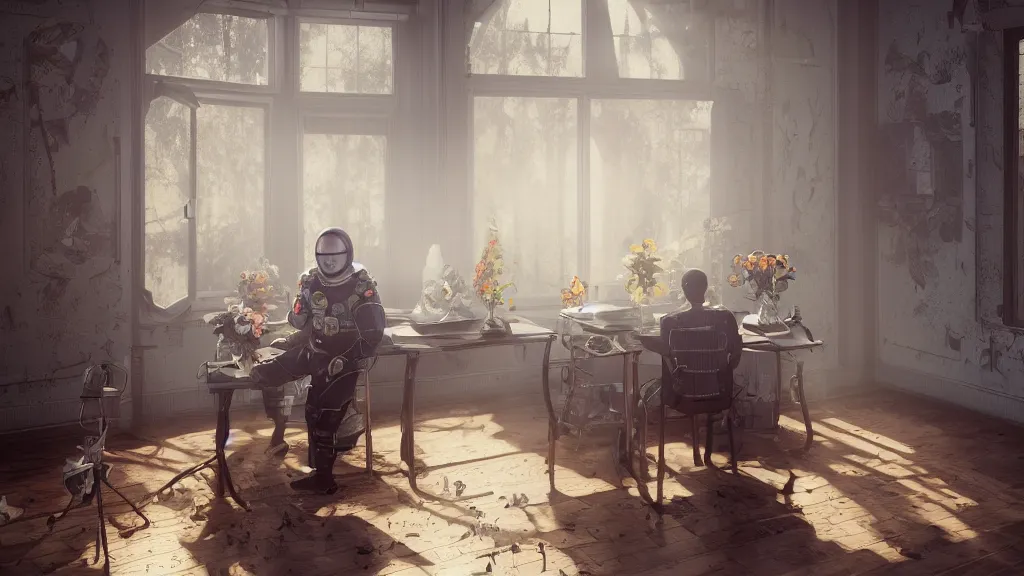 Image similar to a cosmonaut in a spacesuit sits at an old wooden desk with a flower vase, in a richly decorated Victorian house. the autumn light comes in through a window and dimly illuminates the room, diffuse light, octane render