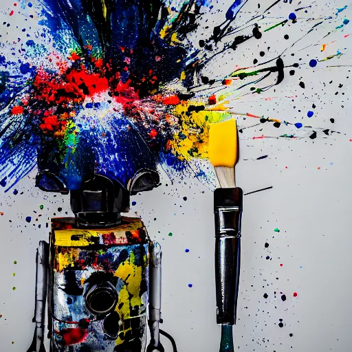 Prompt: a photograph of a robot holding a paintbrush, paint splatters everywhere, it looks in the camera, 50mm