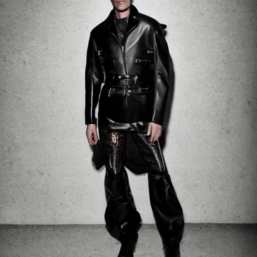 Prompt: a editorial photo of a male model wearing a baggy designer medieval cropped leather menswear jacket by alexander mcqueen