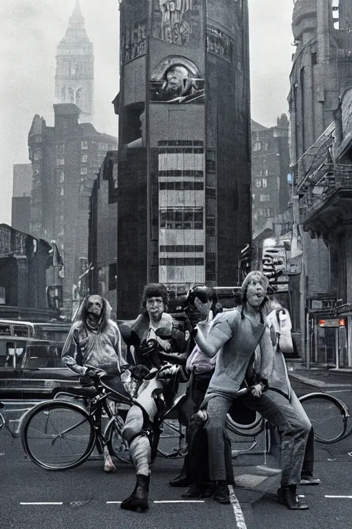 Image similar to a gang of giant, cyborg simon cowells prowling 1980s london, annie leibovitz photo hq