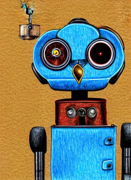 Image similar to colored pencil and pen drawing of an animatronic robot owl, bird made from rusty old keys and padlocks, cosmic background, 8 k photorender realityengine