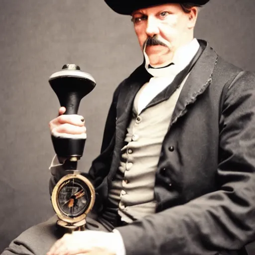 Prompt: Photo of a Victorian Gentleman with a Steampunk prosthetic