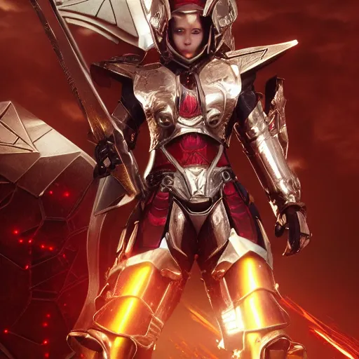 Image similar to picture of metal armored valkyrie, crimson plated, sword and shield, golden wings, divine vibes, light brown hair, white skin, shiny golden eyes, sky background, sharp focus, highly detailed, cinematic lighting, studio quality, smooth render, unreal engine 5 rendered, octane, rendered