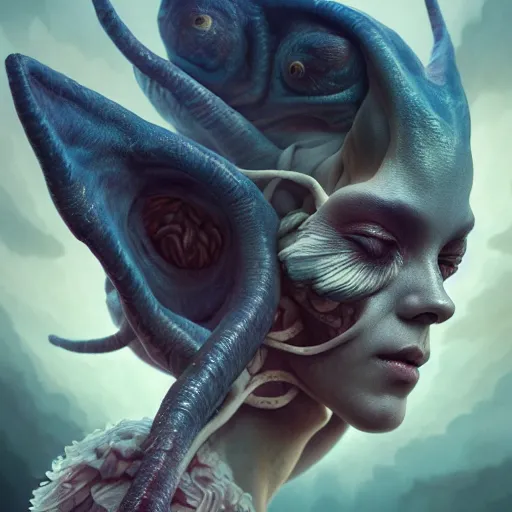 Image similar to by artgerm and agostino arrivabene, visually stunning, cinematic, ultra realistic, hyper realism, epic, octane render, unreal engine, vfx, maya, alien being, surreal, fungal enchanter, murloc tinyfin, dread infernal, wee whelp, battle ram