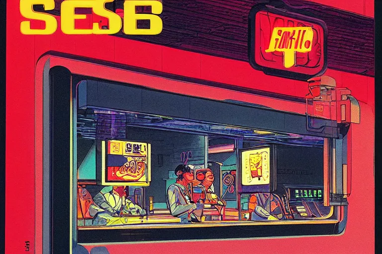 Image similar to 1 9 7 9 science fiction magazine cover depicting a fast food window downtown in neo - tokyo. in the style of bladerunner concept art by syd mead