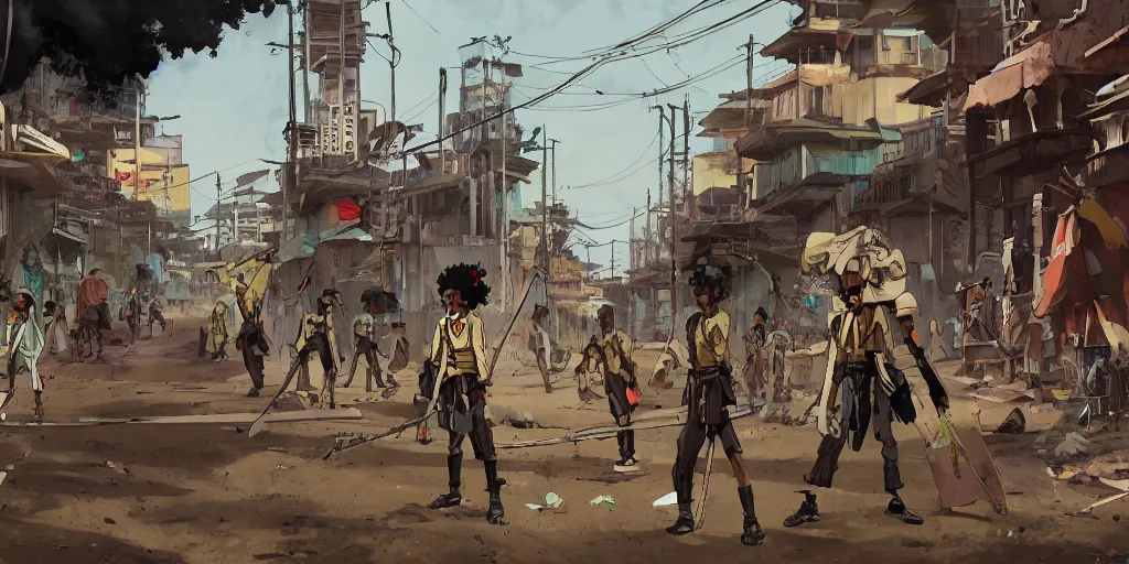 Prompt: a film still from afrosamurai by ian mcque, a dusty street of favela city, 4 kids in african voodoo masks prepare for battle, vibrant, 5 0 mm lens, video game character and environment design, 2 d game lineart behance hd, studio, dramatic lighting, cinematic, global illumination, trending on artstation, bloom