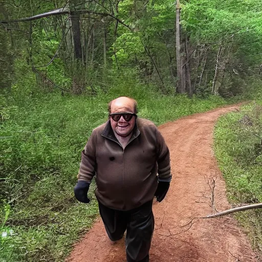 Prompt: danny devito trailcam footage