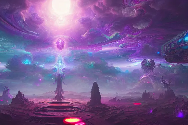 Prompt: a psychedelic realm at the edge of existence where intensely creative astral beings exist, they are summoning an astral vehicle, in the style of WLOP, illustration, epic, fantasy, hyper detailed, smooth, unreal engine, sharp focus, ray tracing