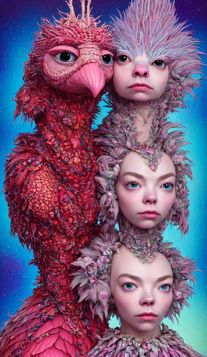 Prompt: hyper detailed 3d render like a Oil painting - kawaii portrait of two Aurora (a beautiful skeksis muppet fae queen protector from dark crystal that looks like Anya Taylor-Joy) seen red carpet photoshoot in UVIVF posing in scaly dress to Eat of the Strangling network of yellowcake aerochrome and milky Fruit and His delicate Hands hold of gossamer polyp blossoms bring iridescent fungal flowers whose spores black the foolish stars by Jacek Yerka, Ilya Kuvshinov, Mariusz Lewandowski, Houdini algorithmic generative render, Abstract brush strokes, Masterpiece, Edward Hopper and James Gilleard, Zdzislaw Beksinski, Mark Ryden, Wolfgang Lettl, hints of Yayoi Kasuma and Dr. Seuss, octane render, 8k