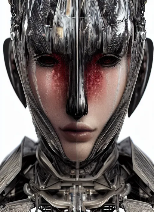 Image similar to close up portrait of a futuristic geisha cyborg, in the style of ghost in the shell, kintsugi, trending on artstation, modern fine art, fractal, intricate, elegant, highly detailed, digital photography, richard avedon and greg rutkowski,