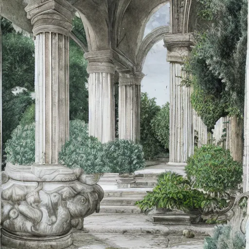 Image similar to delicate marble garden on paper, stony, puffy, botanical herbarium, botanic watercolors, iridescent, 8 k wide angle, realistic shaded, fine details, artstation, italian, colonnade, oak tree, hydrangea, gardena architecture, pompeii