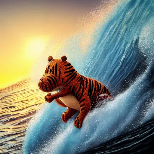 Prompt: a closeup photorealistic image of a cute knitted tiger hippopotamus riding a large wave during sunset. surf in the background. detailed stitching. professional photography. brightly lit scene. this 4 k hd image is trending on artstation, featured on behance, well - rendered, extra crisp, features intricate detail, epic composition and the style of unreal engine.