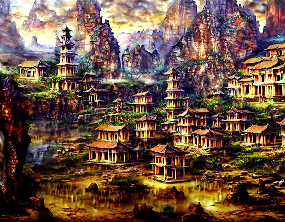 Image similar to hyper realistic detailed oil painting of ancient forgotten town of shangrila, 8 k ultra hd, sharp focus, by jan matejko