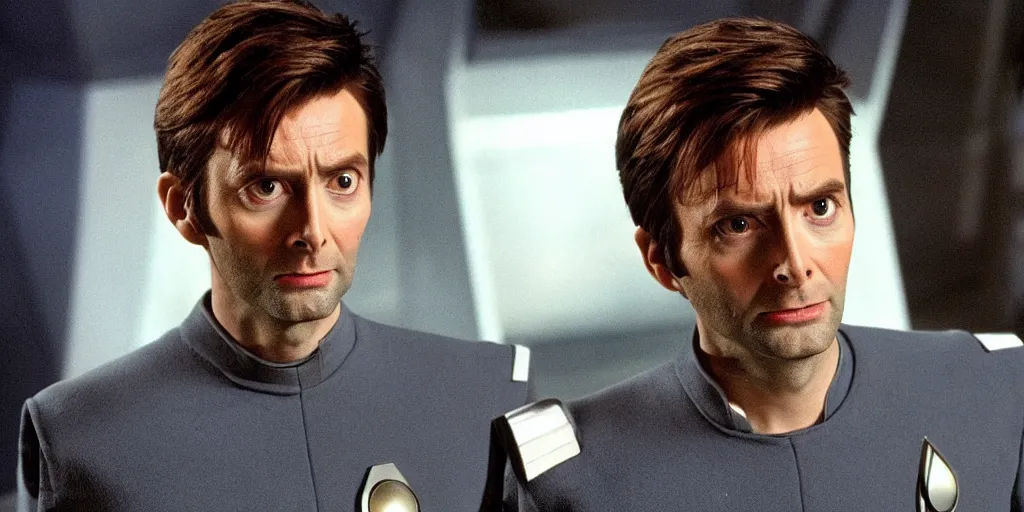 Image similar to David Tennant as Doctor Who, in Starfleet uniform, in the role of Captain Kirk in a scene from Star Trek the original series