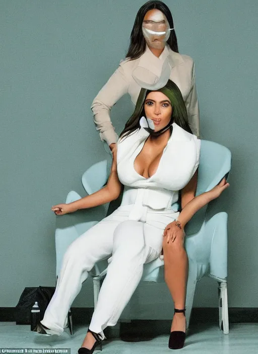 Image similar to a film still of kim kardashian binded to a chair, mouth taped, hands cuffed, outfit : jeans and white vest