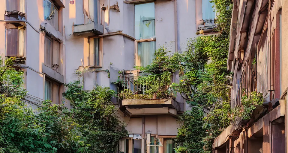 Image similar to a cozy appartment with an overgrown balcony, studio Ghibli style, golden hour