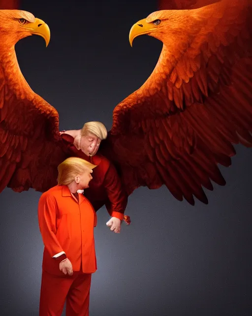 Image similar to Medium Shot Donald Trumps wearing orange pajamas kissing an american eagle, octane, dramatic lighting, editorial photo, 35mm, very detailed