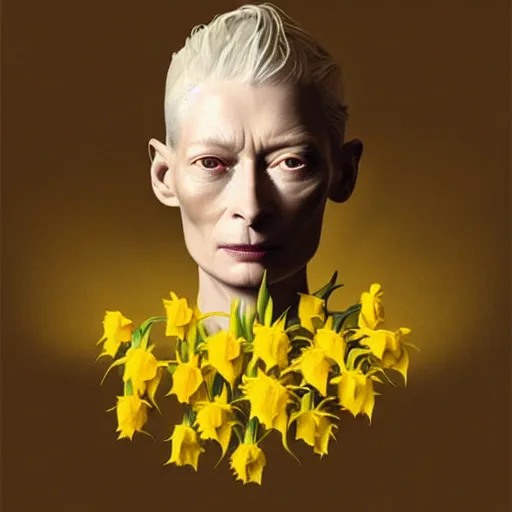 Prompt: medium shot, tilda swinton face fused with daffodil, head covered with leaves, inside the flower, daffodils field, highly detailed, unreal engine, 3 d art, digital art, painting by greg rutkowski