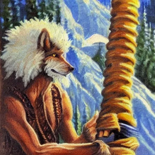 Prompt: Human-wolf, holding brush, artwork by Bob Ross,