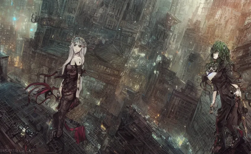 Image similar to goth woman in front of city, color page, tankoban, 4 k, tone mapping, akihiko yoshida, james jean andrei riabovitchev marc simonetti, yoshitaka amano, long hair, curly, h. hydrochaeri