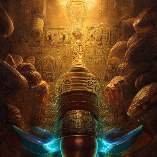 Image similar to detailed image of the god egyptian god thoth, insanely detailed oil painting, with insects and crystals deflecting light, cinematic lighting, epic composition, hyper realistic, extreme detail, esoteric symbolism, ultra high quality, 3 d render, 8 k, by tyler edlin, nasto hattori, simon stalenhag, rhads