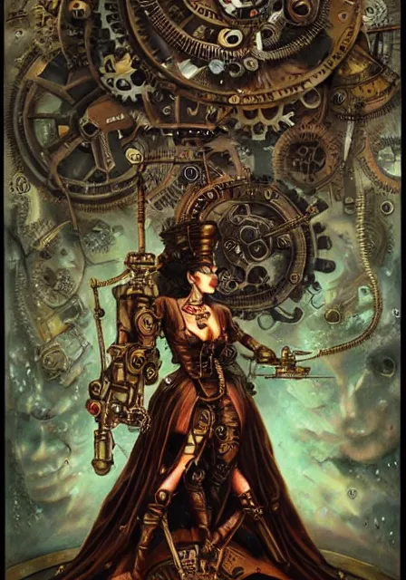 Prompt: steampunk clockwork durga mecha by marek okon designed by alexander mcqueen dress by peter mohrbacher by virgil finlay