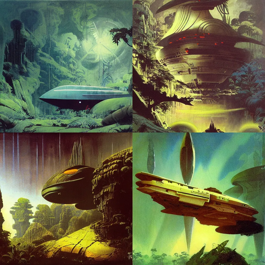 Prompt: spaceship in a mystic jungle by Frank frazetta, by Dan mcpharlin