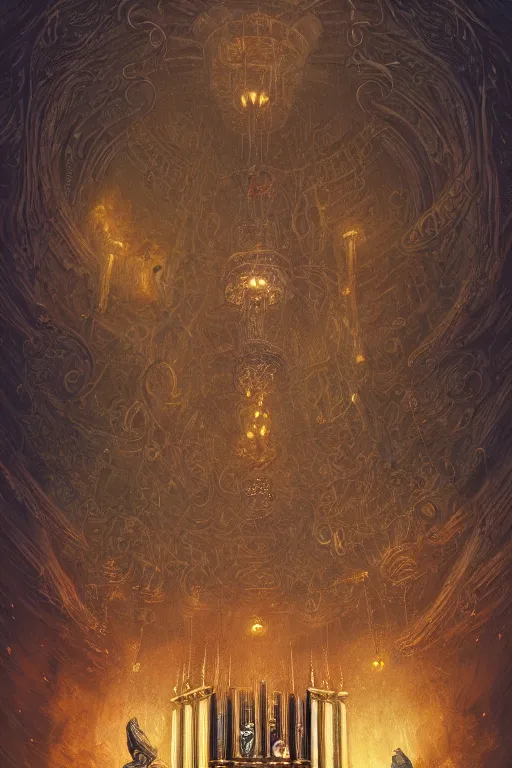 Image similar to illustration of close low angle view of an ornate obsidian gothic pipe organ with gold spidery embellishments, night, smoke, ground fog, by peter mohrbacher, by alex andreev, by jacek yerka, by alan lee, large depth of field, super detailed, digital art, trending on artstation, ornate