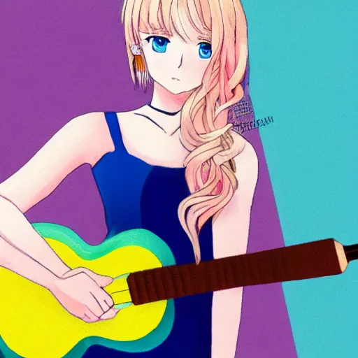 Prompt: a protrait of a blonde woman with a long, blue dress, blue eyes and a pink daisy in her hair playing guitar, polished anime style