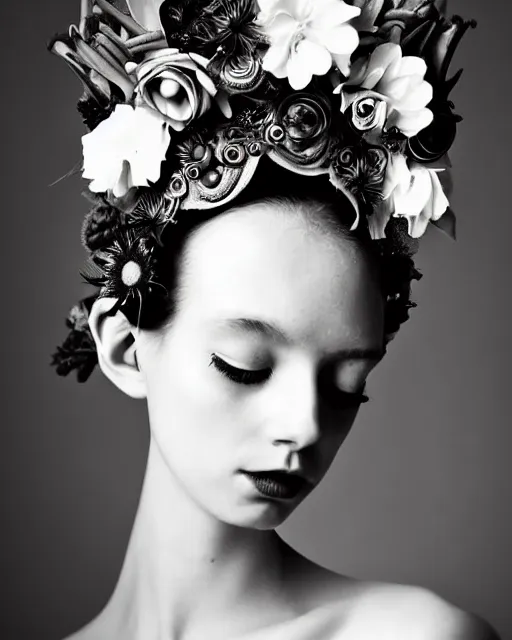 Image similar to a black and white high quality dreamy photo of a young beautiful female queen-pale dragon-vegetal-flower-cyborg bust with a very long neck and a steampunk flower crown, elegant, highly detailed, poetic, soft, dreamy, mysterious, high fashion, in the style of Horst P. Horst, Realistic, Refined, Digital Art, Highly Detailed, Cinematic Lighting, rim light, black and white, photo-realistic, 8K