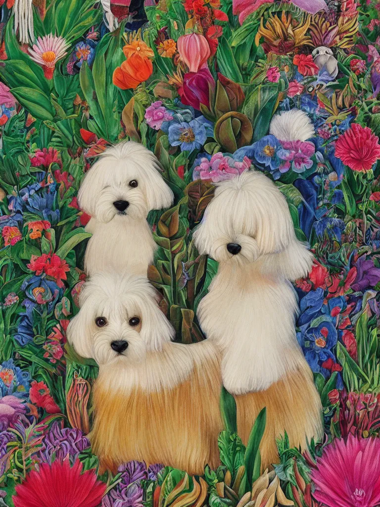Prompt: a cream colored havanese dog, surreal background, plants and flowers, mexican art, naive art, by frida kahlo