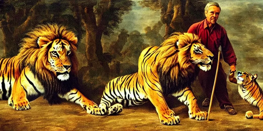 Image similar to a man with a lion, a man playing with a lion, there is a tiger in the background