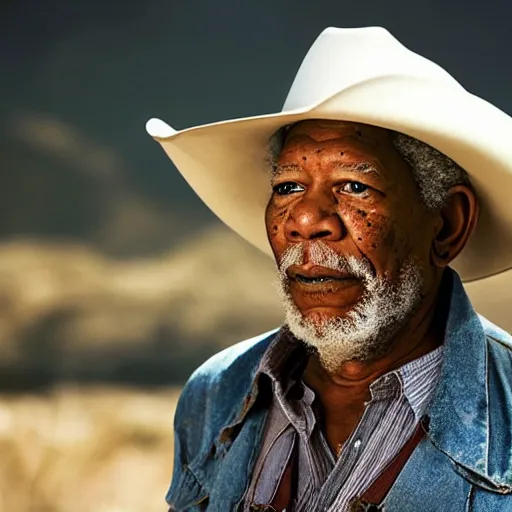 Image similar to an film still of morgan freeman as cowboy with beard, western background