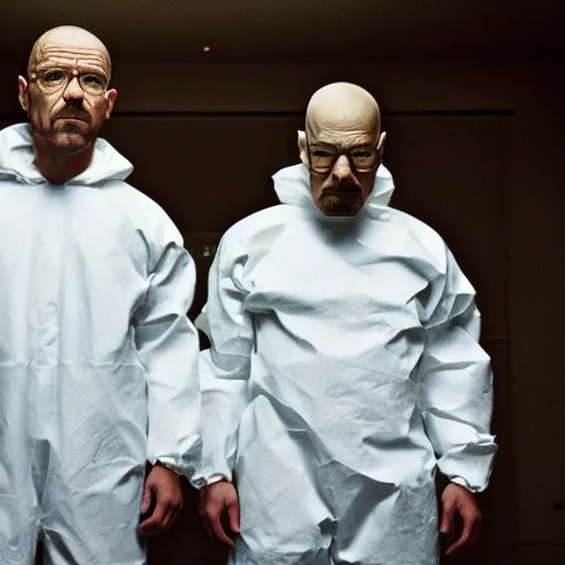 Prompt: obama and walter white wearing hazmat suits, hood off, film still of breaking bad, film grain, insanely detailed faces, realistic faces, photorealistic, 4k