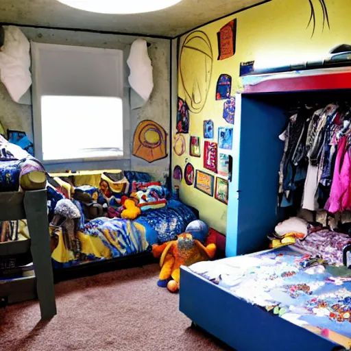 Image similar to detailed room in the sewer lair The room is a clutter if clothes and a bunkbed with space posters everywhere by Walt peregoy,soft,light,bright,epic,awesome, where people would live