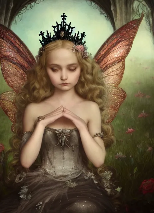 Image similar to highly detailed closeup, simple hand gestures, portrait of a gothic fairy princess wearing a crown and sitting on a throne, unreal engine, nicoletta ceccoli, mark ryden, earl norem, lostfish, global illumination, god rays, detailed and intricate environment